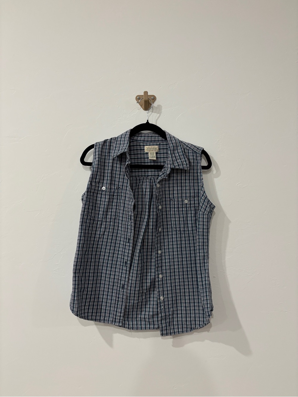 St. John's Bay Blue and White Plaid Sleeveless Button-Down Shirt